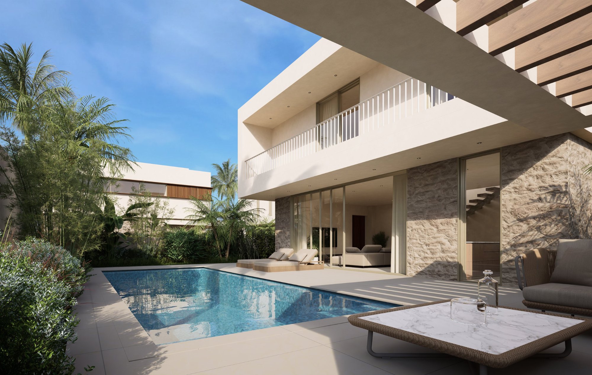 Corallia Villas Type A pool, shaded terrace and open-plan living room