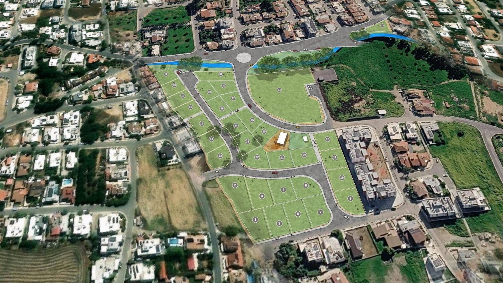 Aerial view of the approved New Lakatamia masterplan set into the surrounding neighbourhood